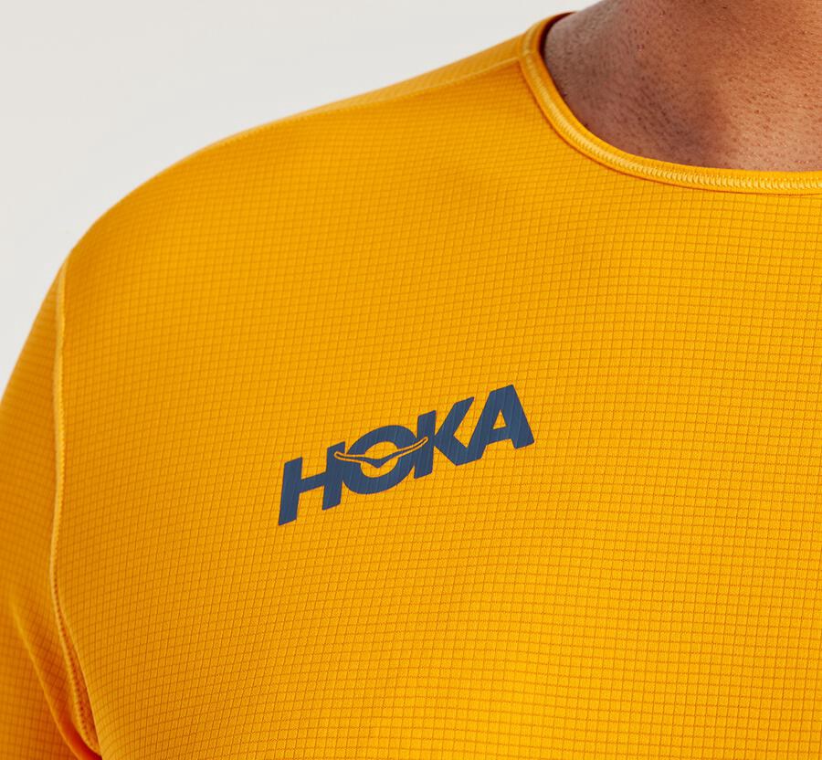 Tops Mens - Hoka One One Performance 3/4 Sleeve - Yellow - VXYZDWJ-92